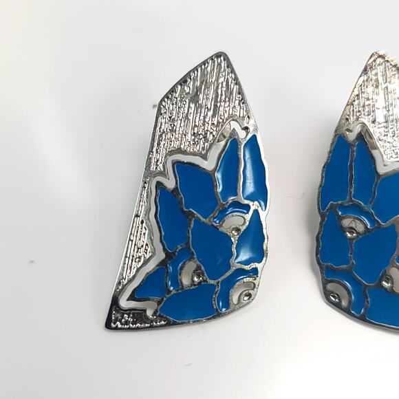 Vintage Blue Enamel Silver Geometric Earrings Bold 80s Statement Jewelry - Picture 2 of 10